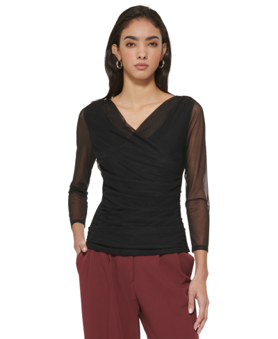 Dkny Women's Mesh Long-sleeve Faux-wrap Top In Black
