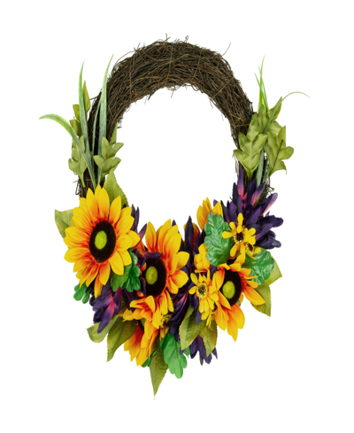 Northlight Sunflower And Mum Twig Autumn Artificial Floral Wreath 20" In Yellow
