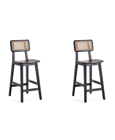 Manhattan Comfort Versailles 2-piece Ash Wood And Natural Cane Counter Height Bar Stool In Black And Natural Cane