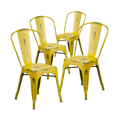 Emma+oliver Commercial Grade 4 Pack Distressed Metal Indoor-outdoor Stackable Chair In Yellow