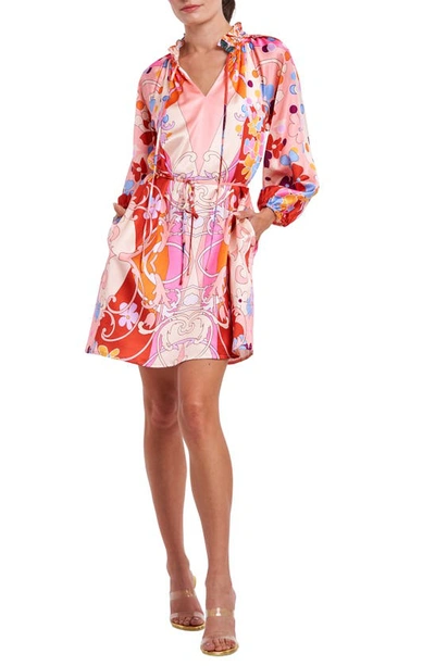 Ciebon Drea Floral Print Long Sleeve Minidress In Coral