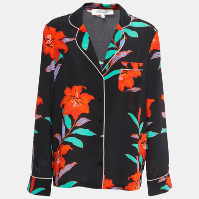 Pre-owned Diane Von Furstenberg Black Floral Printed Silk Pajama Top M