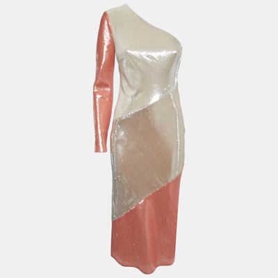 Pre-owned Diane Von Furstenberg Off-white/light Orange Sequined Silk One Shoulder Midi Dress S