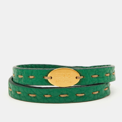 Pre-owned Fendi Selleria Green Leather Double Wrap Bracelet