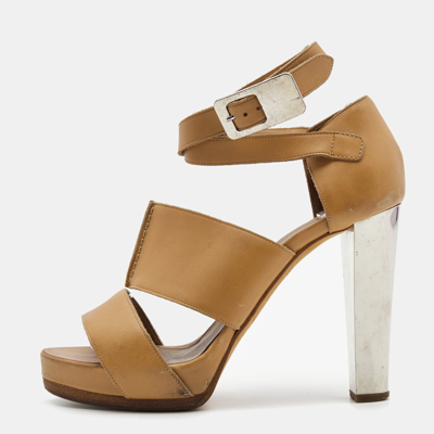 Pre-owned Hermes Tan Leather Platform Ankle Wrap Sandals Size 37