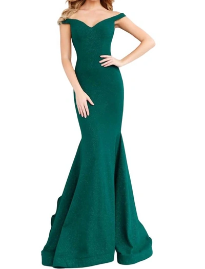Jovani Sparkle Gown With Off Shoulder Long Train In Green