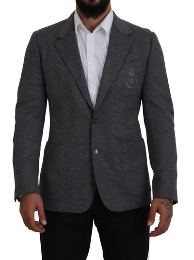 DOLCE & GABBANA DOLCE & GABBANA ELEGANT GRAY WOOL BLAZER WITH BEE CROWN MEN'S EMBROIDERY