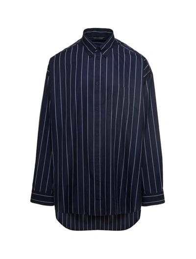 Balenciaga Striped Oversized Cotton Blend Shirt In Blue