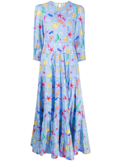 Rixo London Kristen Long-sleeve Tiered Dress In Blue