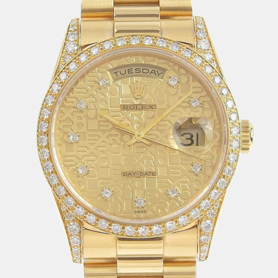Pre-owned Rolex Champagne Diamonds 18k Yellow Gold Day - Date President 18388 Men's Wristwatch 36 Mm