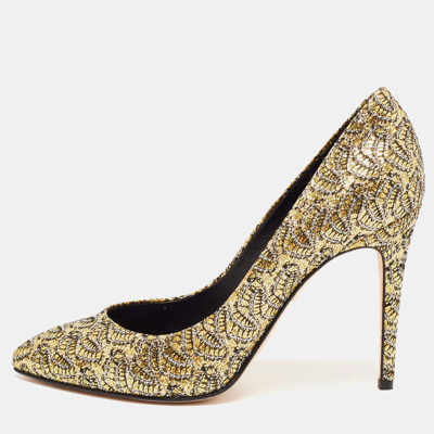 Pre-owned Gina Metallic Gold/silver Glitter Lace Pointed Toe Pumps Size 40