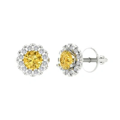 Pre-owned Pucci 3.45 Ct Round Cut Vvs1 Halo Classic Stud Natural Citrine Earrings 14k White Gold In D