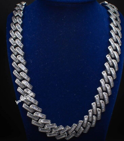 Pre-owned Nsg 14 Mm X 20" Baguette Genuine Moissanite Men's Cuban Link Chain Silver In White