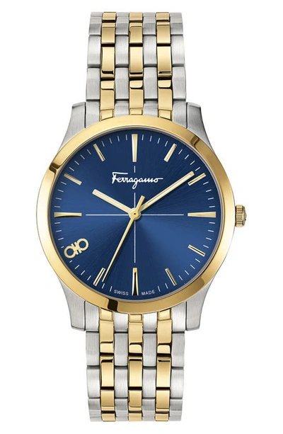 Ferragamo Slim Formal Blue Dial Stainless Steel Bracelet Watch, 35mm X 7.5mm In Two Tone