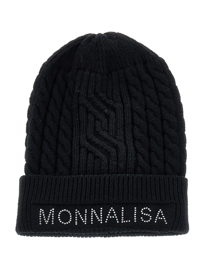 Monnalisa Cable Knit Hat With Logo In Black