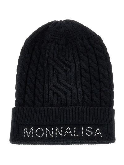 Monnalisa Kids'   Cable Knit Hat With Logo In Black
