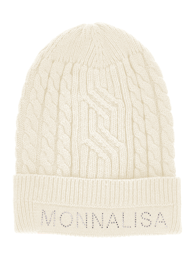 Monnalisa Cable Knit Hat With Logo In Cream