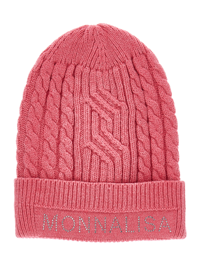 Monnalisa Cable Knit Hat With Logo In Fuchsia