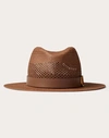 Valentino Garavani Textile Paper And Leather Vlogo Signature Fedora Hat Woman Tan Brown 55