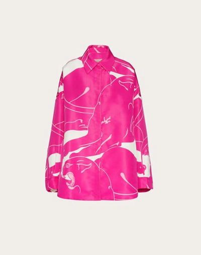 Valentino Panther Print Faille Shirt Jacket In White Pink