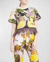 LA DOUBLEJ SCALA FLORAL-PRINT FEATHER-TRIM CROP T-SHIRT