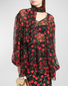 Dolce & Gabbana Cherry Chiffon Blouse With With Tie Neck In Black Prt