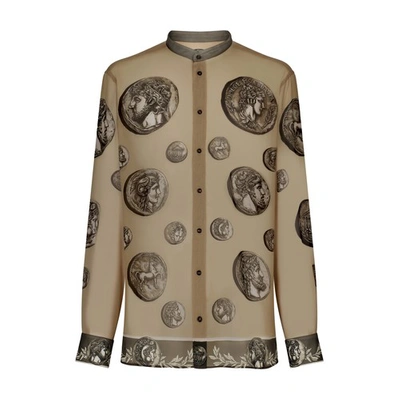Dolce & Gabbana Monete-print Silk Shirt In Beige