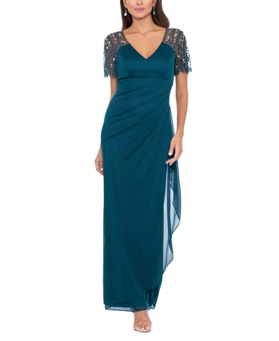 Xscape Beaded-sleeve Gown In Neo Emerald