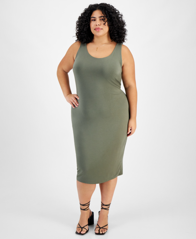 Bar Iii Trendy Plus Size Sleeveless Bodycon Midi Dress, Created For Macy's In Dusty Olive
