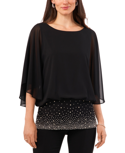 Msk Women's Beaded-band Blouson-overlay 3/4-sleeve Top In Black