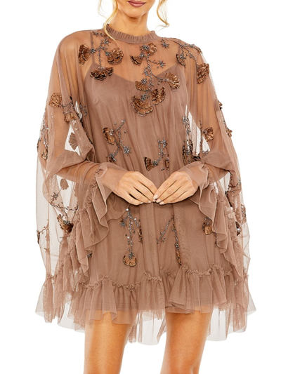 Mac Duggal Long Sleeve Floral Embellished Trapeze Cocktail Dress In Chocolate