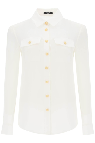 Balmain Crepe De Chine Shirt With Padded Shoulders In Bianco