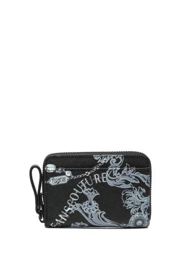 Versace Jeans Couture Baroque-pattern Leather Wallet In Black