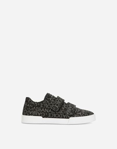 Dolce & Gabbana Kids' Portofino Vintage Sneakers In Printed Nylon In Black