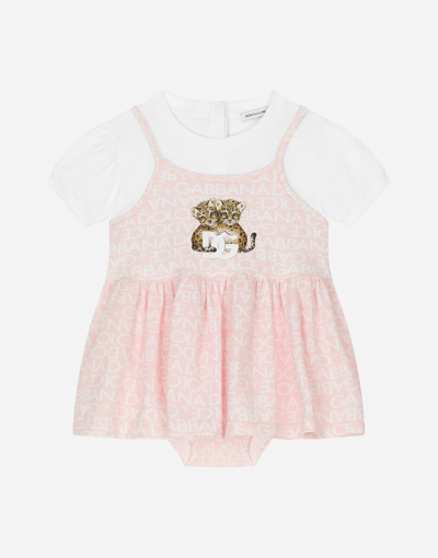 Dolce & Gabbana Babies' Short-sleeved Dress With All-over Logo-print In Multicolor