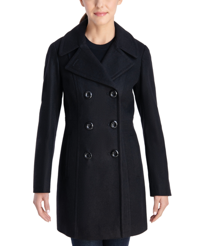 Anne Klein Women's Double-breasted Wool Blend Peacoat, Created For Macy's In Black