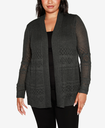 Belldini Plus Size Pointelle Long Sleeves Open Cardigan Sweater In Heather Charcoal
