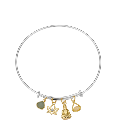 Unwritten Genuine Amazonite Teardrop, Cubic Zirconia Lotus Flower And 14k Gold Plated Buddha Bracelet In Gold Two-tone
