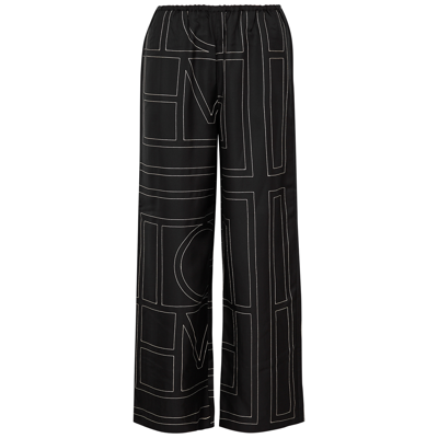 Totême Toteme Women's Black Monogram Geometric-embroidered Wide-leg High-rise Silk-satin Pyjama Bottoms