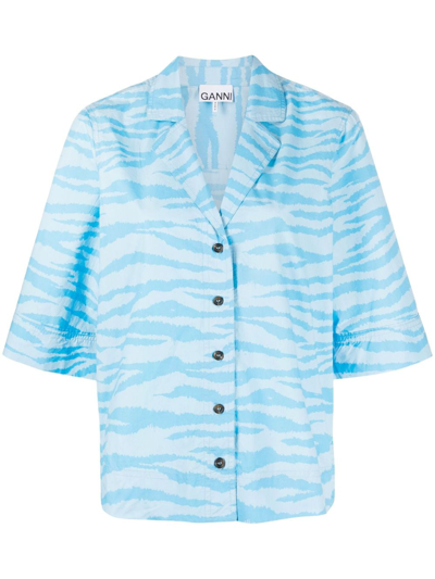 Ganni Zebra-print Organic-cotton Shirt In Blue