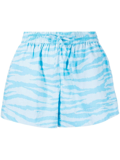 Ganni Zebra-print Organic Cotton Shorts In Blue