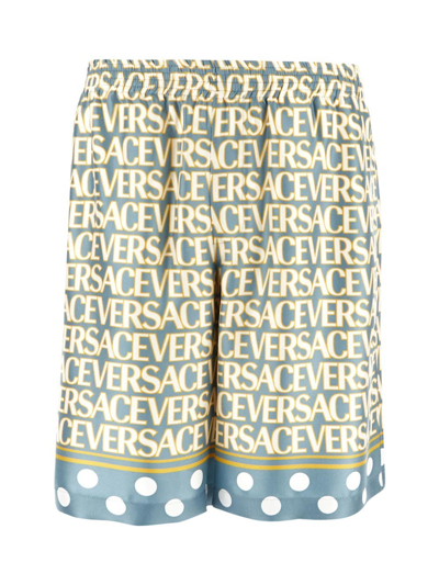 Versace Shorts Silk Fabric With All Over Print In Yellow