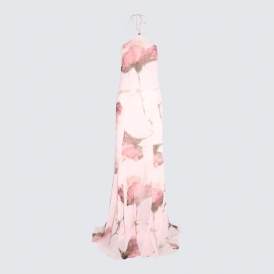 Blumarine Flower Printed Silk Chiffon Long Dress In Pink