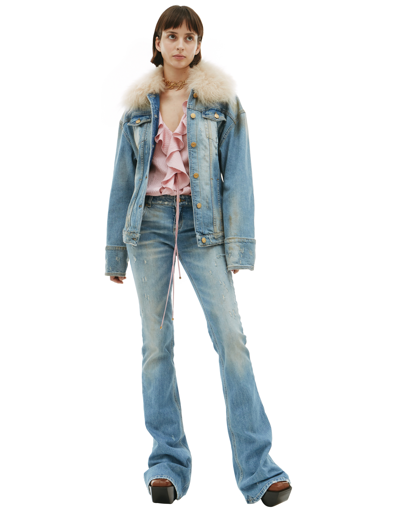 Blumarine Jeans Jacket With Fur In Blue