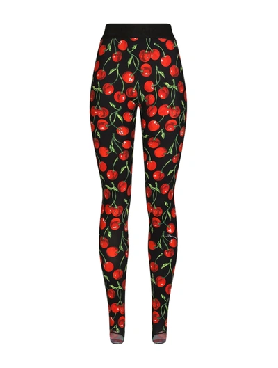 Dolce & Gabbana Cherry-print Branded Elastic Leggings In Black