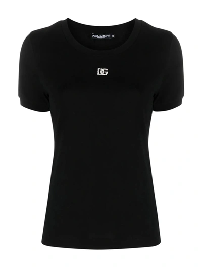 Dolce & Gabbana Jersey T-shirt With Crystal Dg Embellishment In Black
