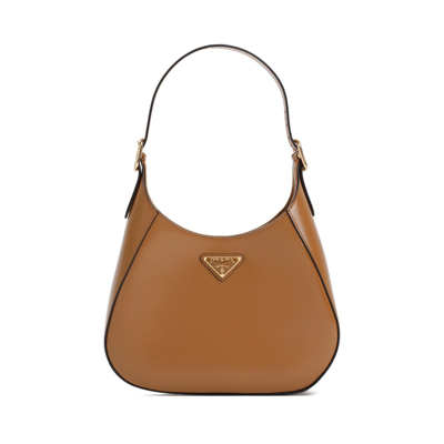 Prada Mini Logo-plaque Shoulder Bag In Brown