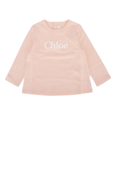 Chloé Kids Logo Embossed Crewneck T In Pink