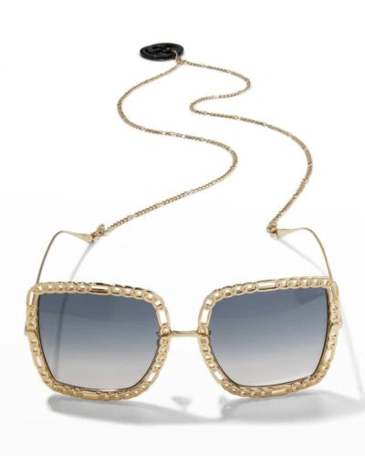 Pre-owned Gucci Gg1033s 002 Gold Necklace Chain Grey Gradient Women Sunglasses Authentic In Gray