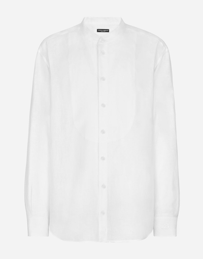 Dolce & Gabbana Linen Shirt With Dg Embroidery And Shirt-front Detail In Optical_white